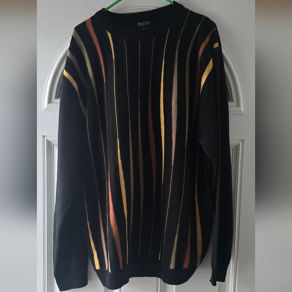 Vintage Peletti 90s Black Stripe Knit Crewneck Sweater Earth Tone 2XL